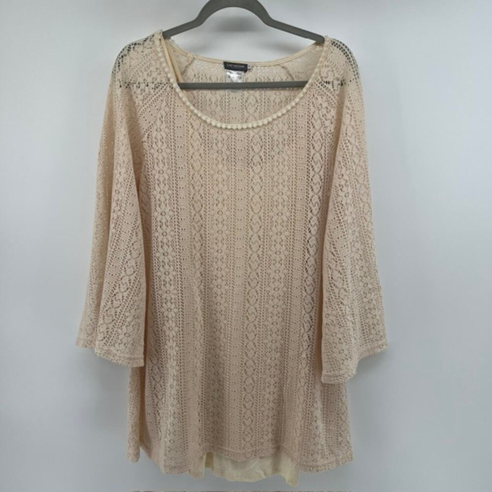 Earthbound Trading Co Crochet Tunic Top Womens M Cream Bell Sleeve Boho Fairy